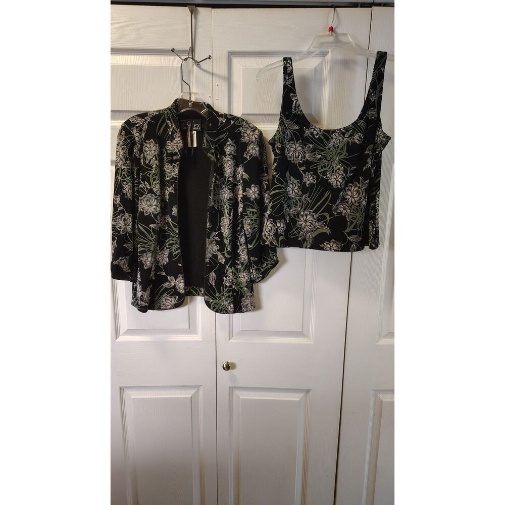 Alex Evenings Petite Floral 2 Piece Tank Top & Jacket Black Silver Shimmer LP